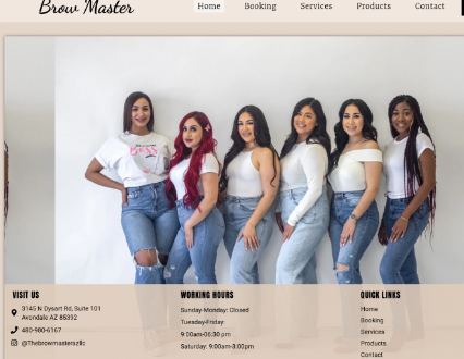 Brow Master homepage, showing the team and a booking-focused layout
