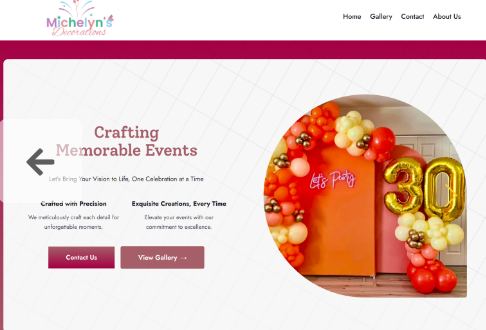 Michelyn's Decorations homepage, showing a balloon and event decor installation