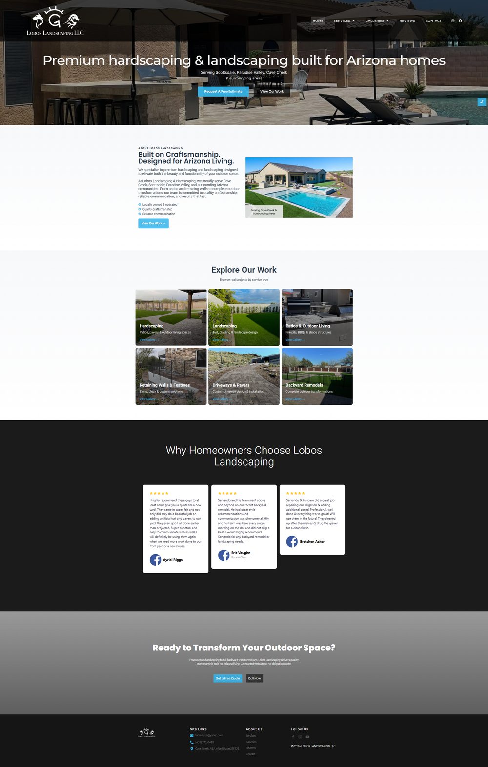 The Lobos Landscaping homepage on desktop, full page