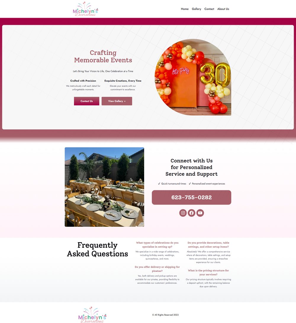 The Michelyn's Decorations homepage on desktop, full page