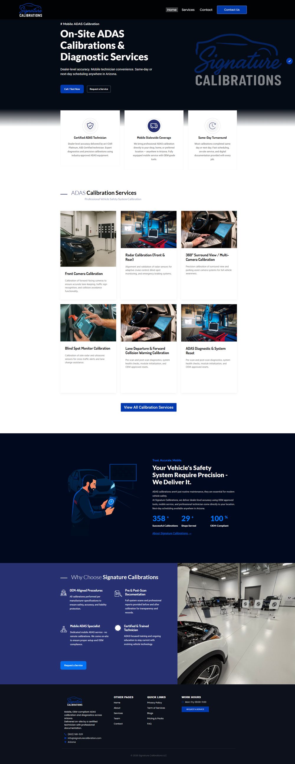 The Signature Calibrations homepage on desktop, full page